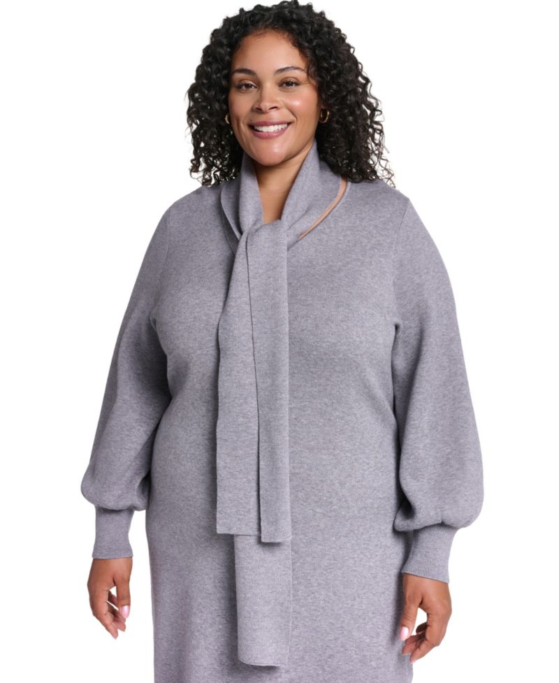 Plus Size V-Neck Long-Sleeve Scarf Midi Dress