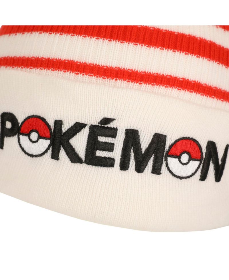 Men's Pokeball Plush Pom, Red And White Stripes Cuff Beanie