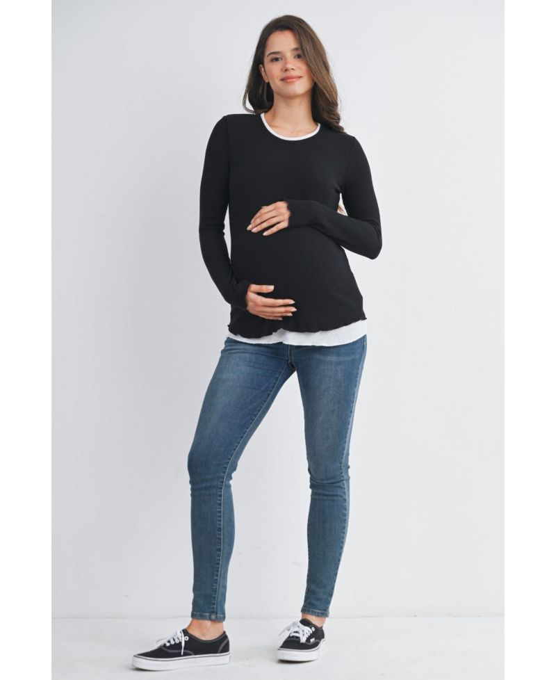 Maternity Ribbed Layer Contrast Long Sleeve Top