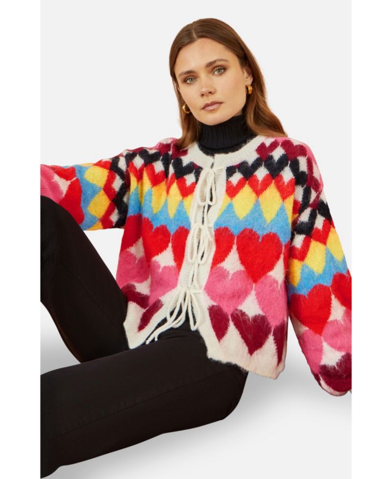Women's Tie Front Heart Intarsia Cardigan
