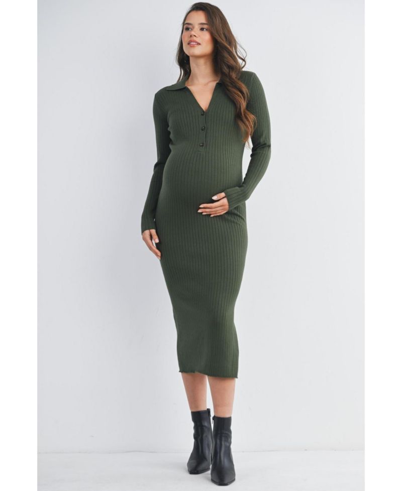 Women's Long Sleeve Ribbed Collared V Neck Nursing Dress