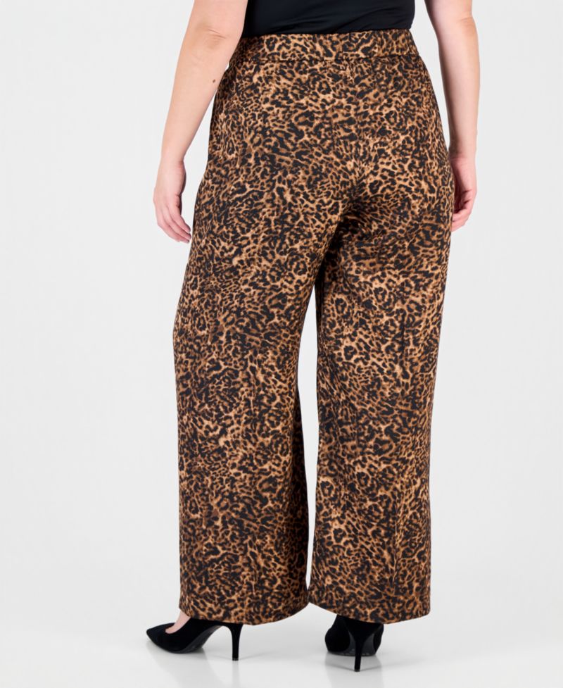 Plus Size Animal-Print Wide-Leg Side-Seam Zipper Pants