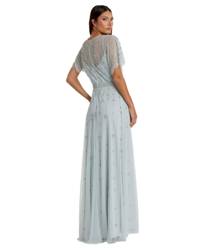 Women's V-Neck Embellished Flutter Sleeve A Line Gown