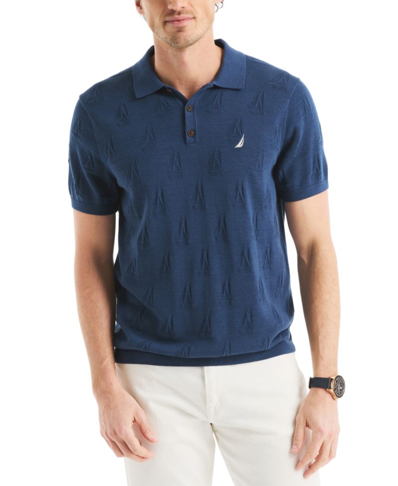 Men's Sailboat Textured Sweater Polo Shirt