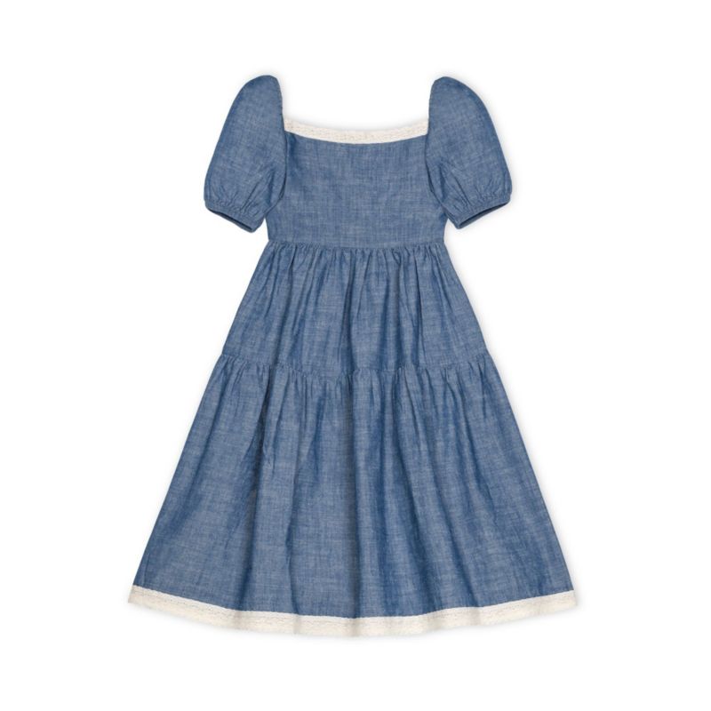 Toddler Girls Hope and Henry Short Bubble Sleeve Crochet Trim Chambray Dress