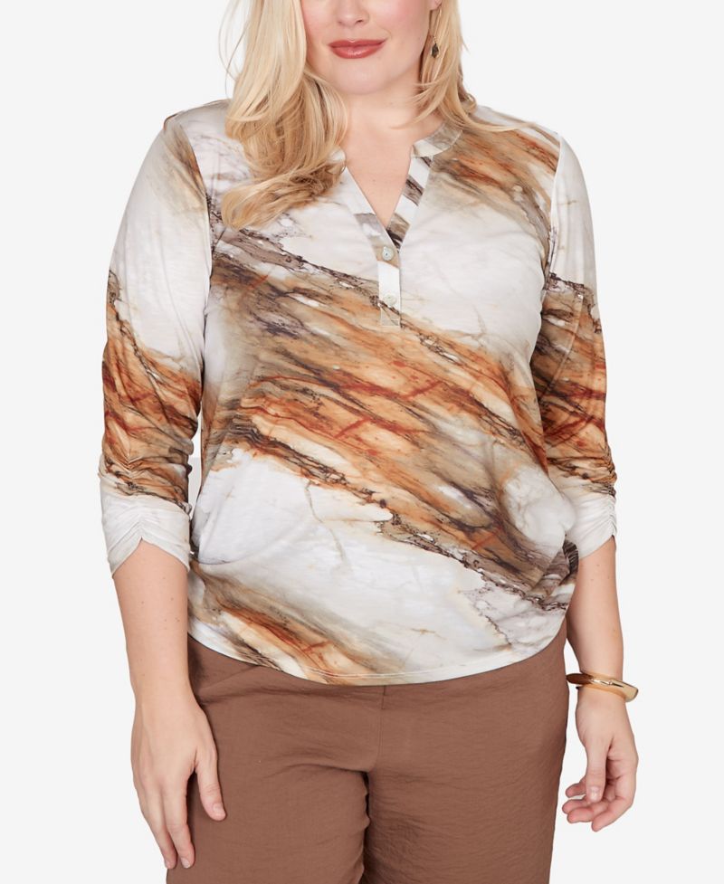 Petite Spice Market Marble Print Split Neck Top