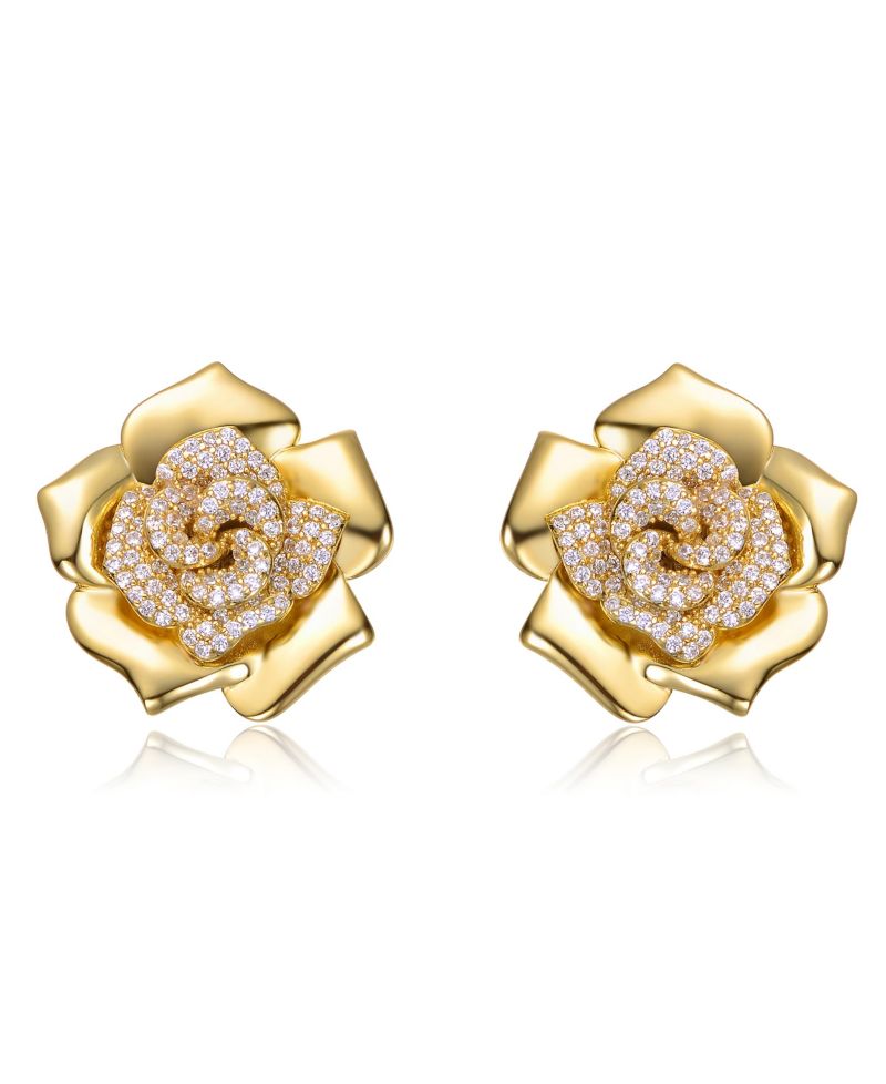 14K Gold Plated CZ Big Heavy Flower Statement Earrings