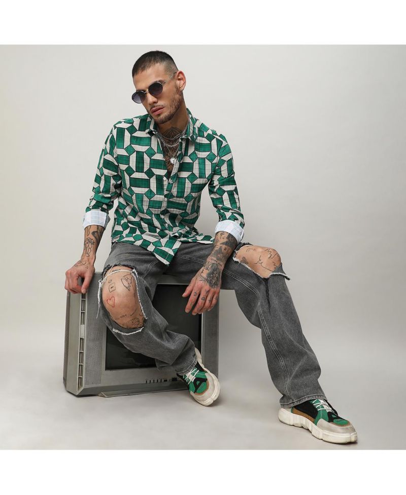 Men's Emerald Green & Ivory White Contrast Block Shirt