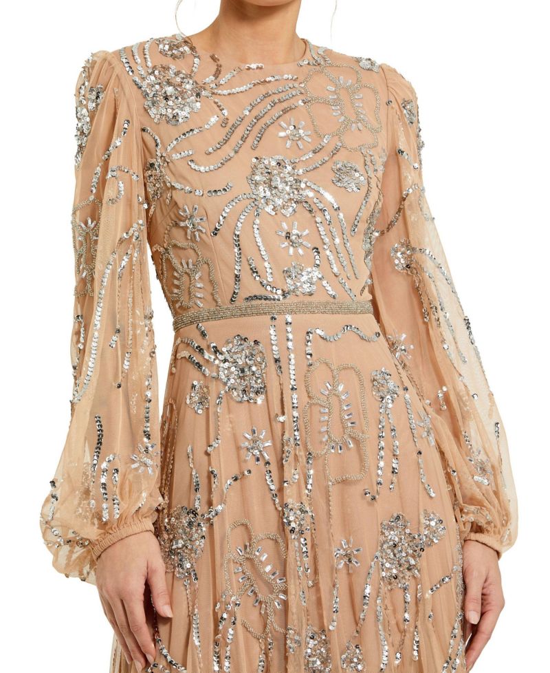 Women's Embellished High Neck Puff Sleeve Gown