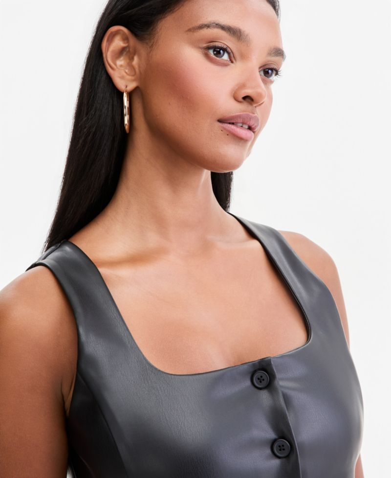 Women's Faux-Leather Scoop-Neck Button-Front Vest