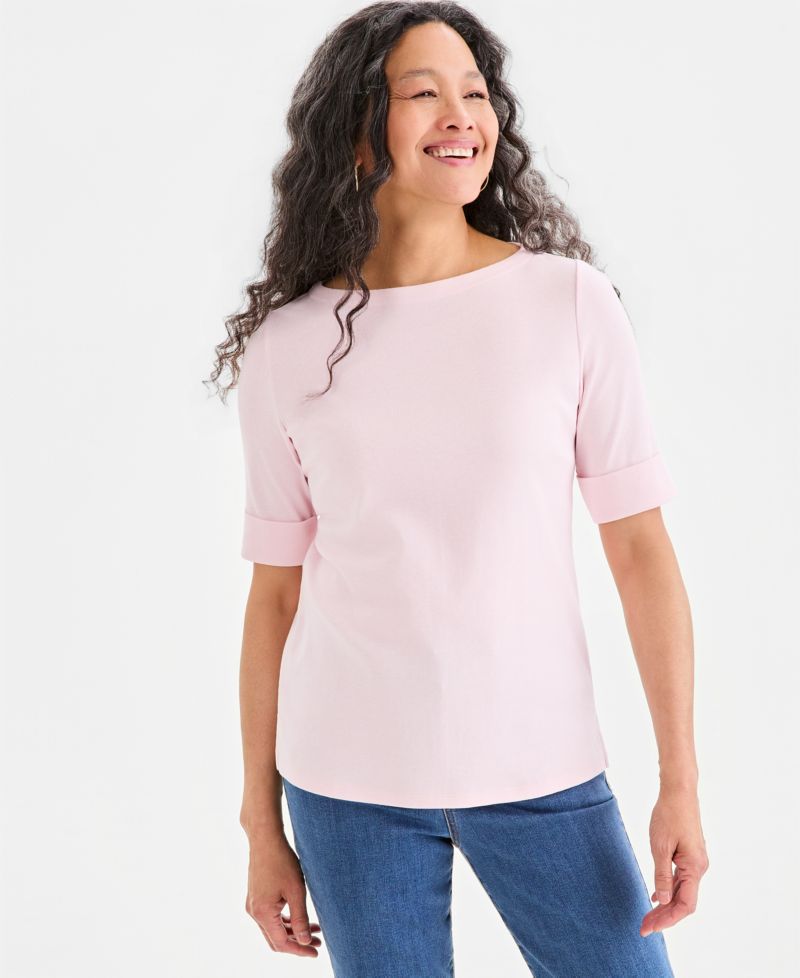 Petite Cotton Elbow-Sleeve Boat-Neck Top