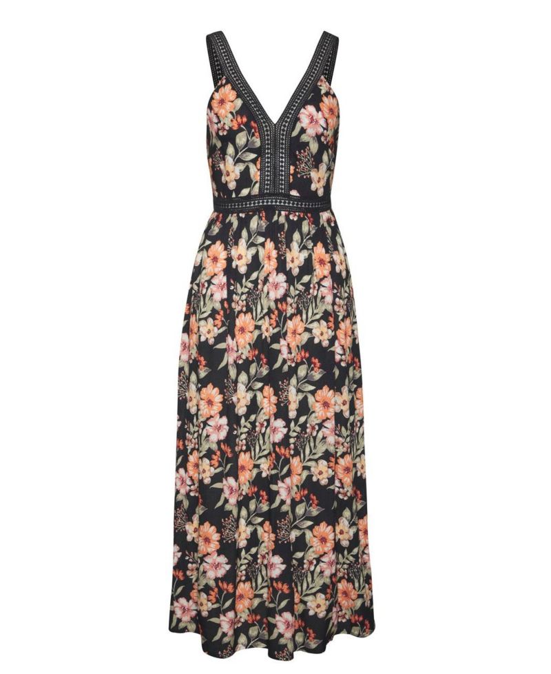 Women's Viscose Floral Print Crochet Detail A-Line V-Neck Maxi Dress