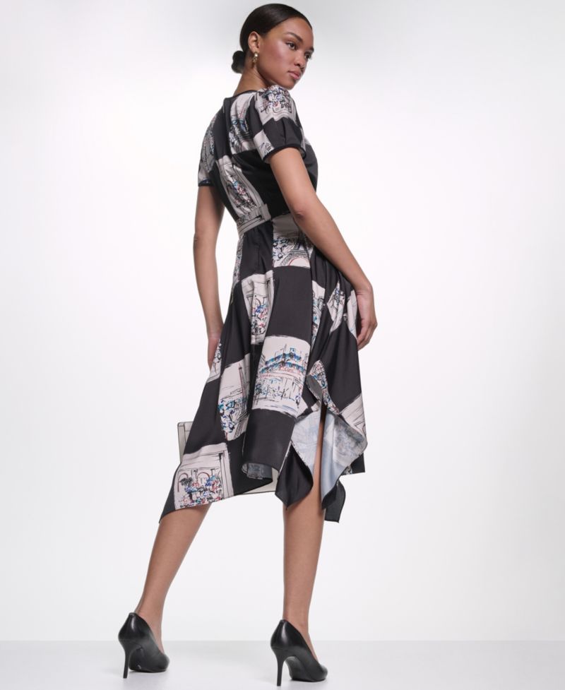 Women's Scarf-Print Handkerchief-Hem Midi Dress
