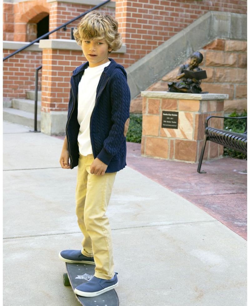 Little Boys (5-7) Organic Full Zip Hooded Sweater with Elbow Patches