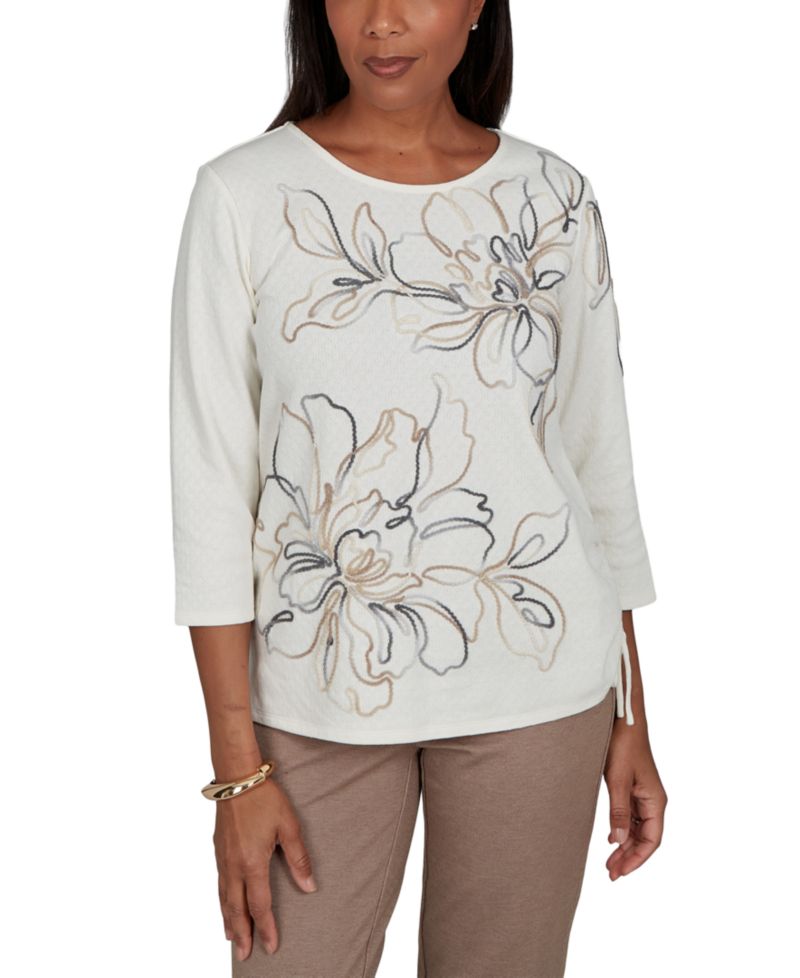 Petite Floral Ruched 3/4-Sleeve T-Shirt
