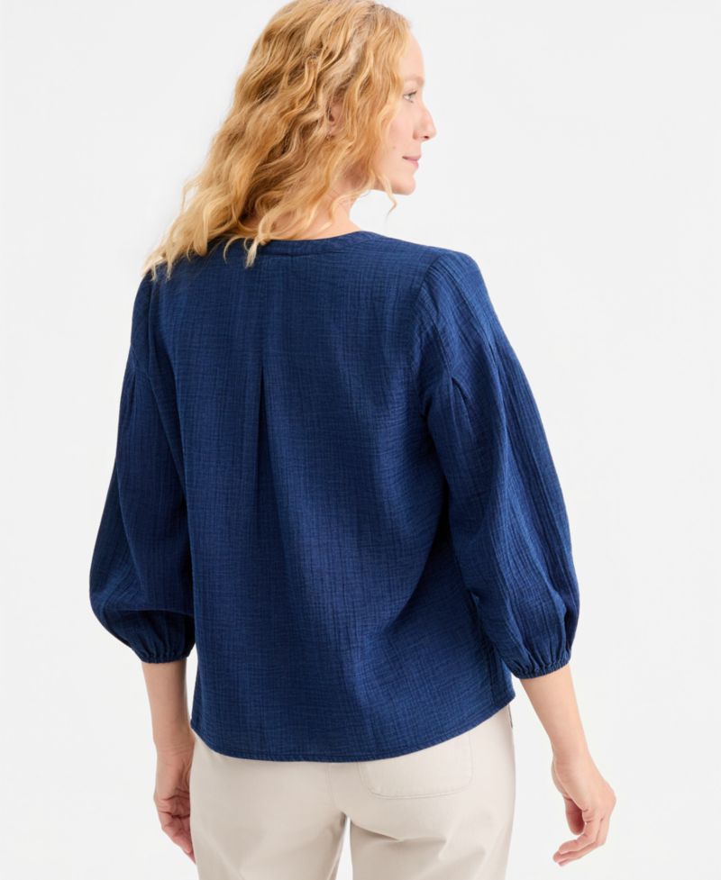 Women's Embroidered Indigo Gauze Top