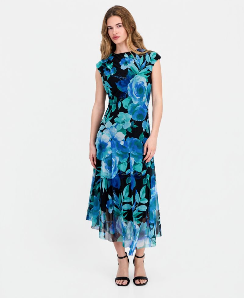 Women's High-Neck Cap-Sleeve Mesh Dress