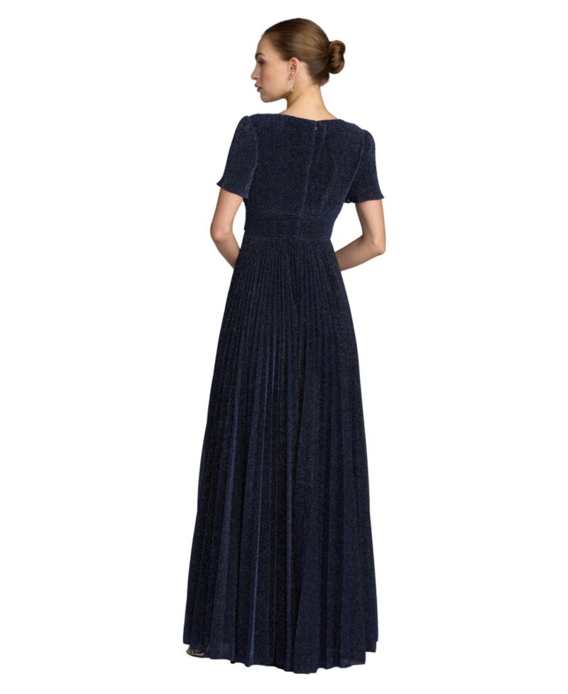 Petite Pleated Metallic Flutter Sleeve A Line Gown