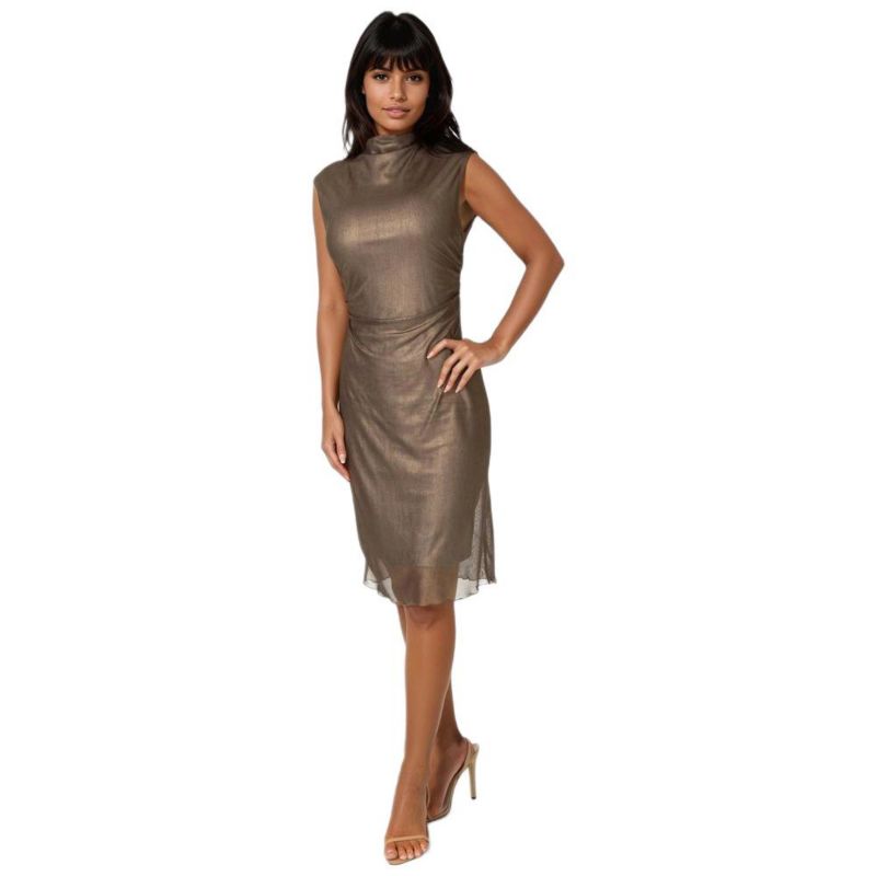 Women's Foil Mesh Drape Neck Shirred Midi Dress