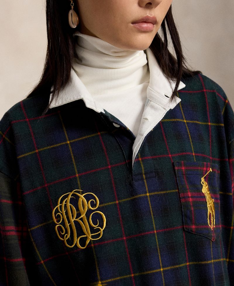 Women's Long-Sleeve Rugby Collar Plaid Rugby Jersey