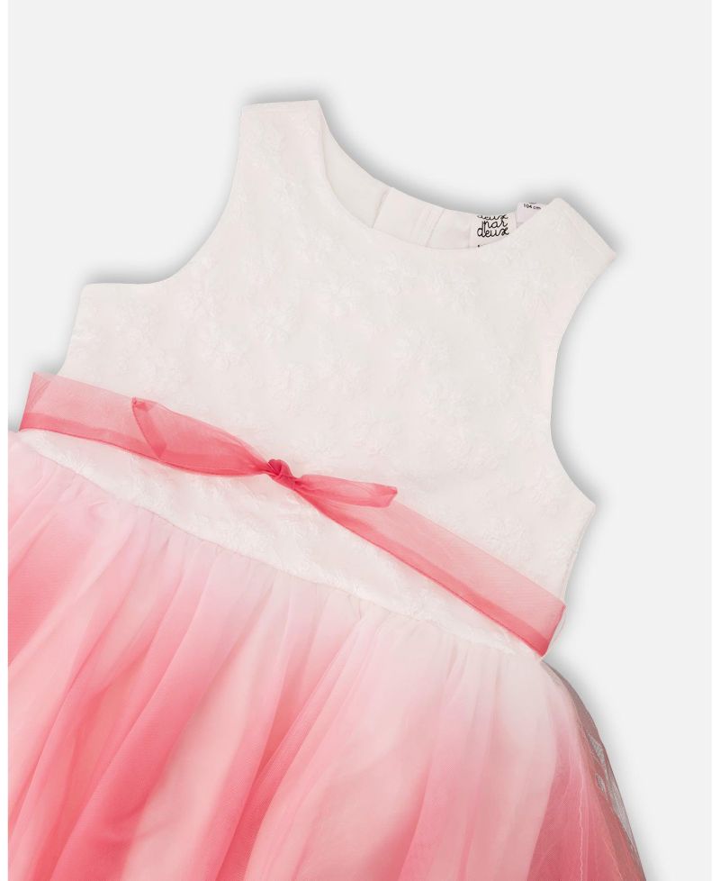 Big Girls Bi-Material Pleated Mesh Dress White and Pink