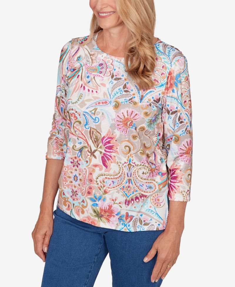 Women's Classic Paisley Floral Pleated Neck Top