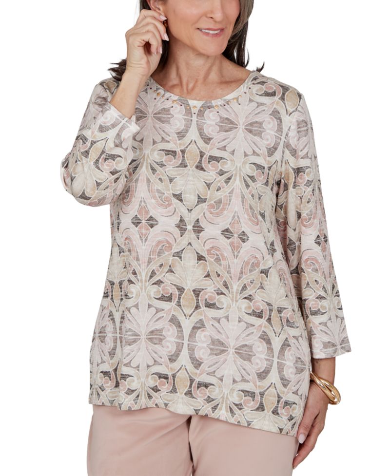 Petite 3/4-Sleeve Crewneck Print Blouse