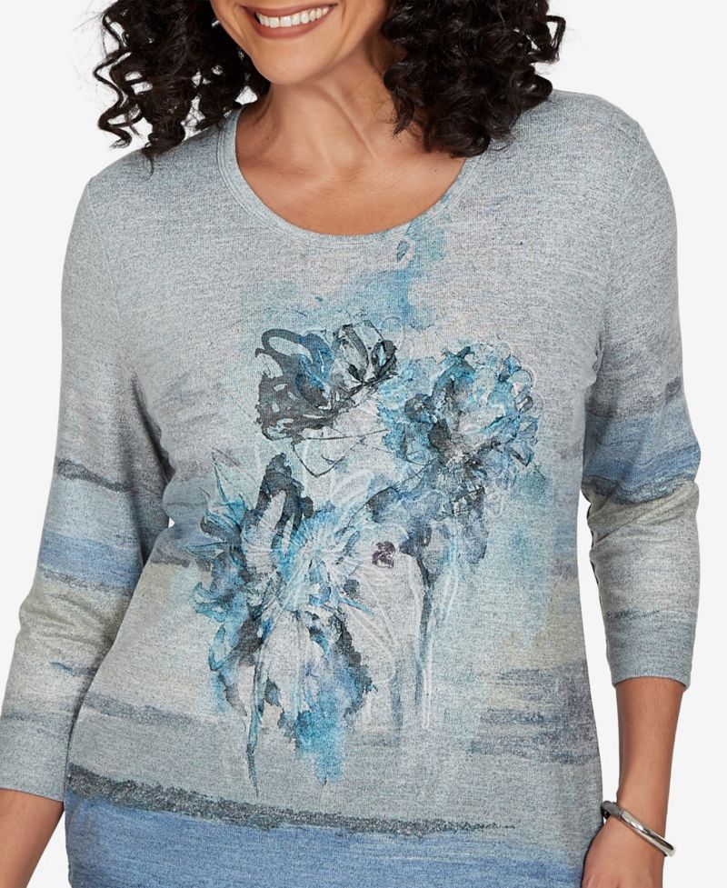 Petite Provence Floral-Print 3/4-Sleeve Lace Blouse