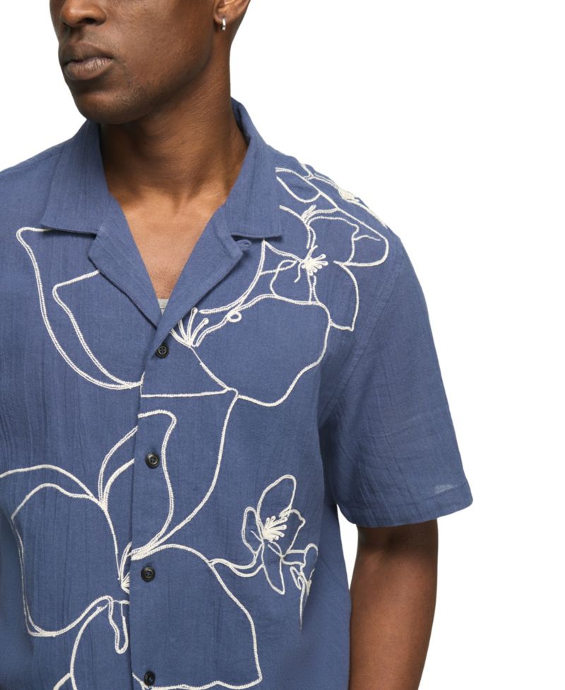 Men's Floral Embroidered Motif Camp Shirt