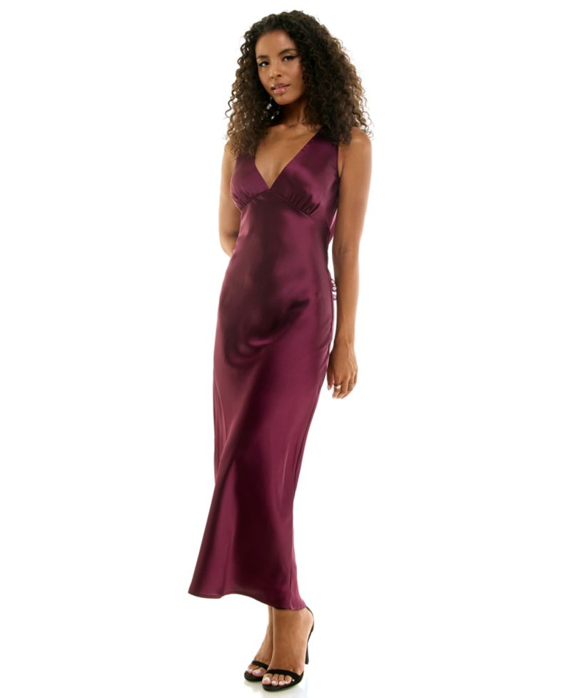 Juniors' V-Neck A-Line Satin Dress