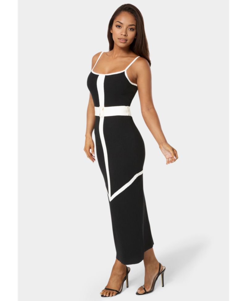 Women's Rib V-Neck Bodycon Maxi Dress with Belt