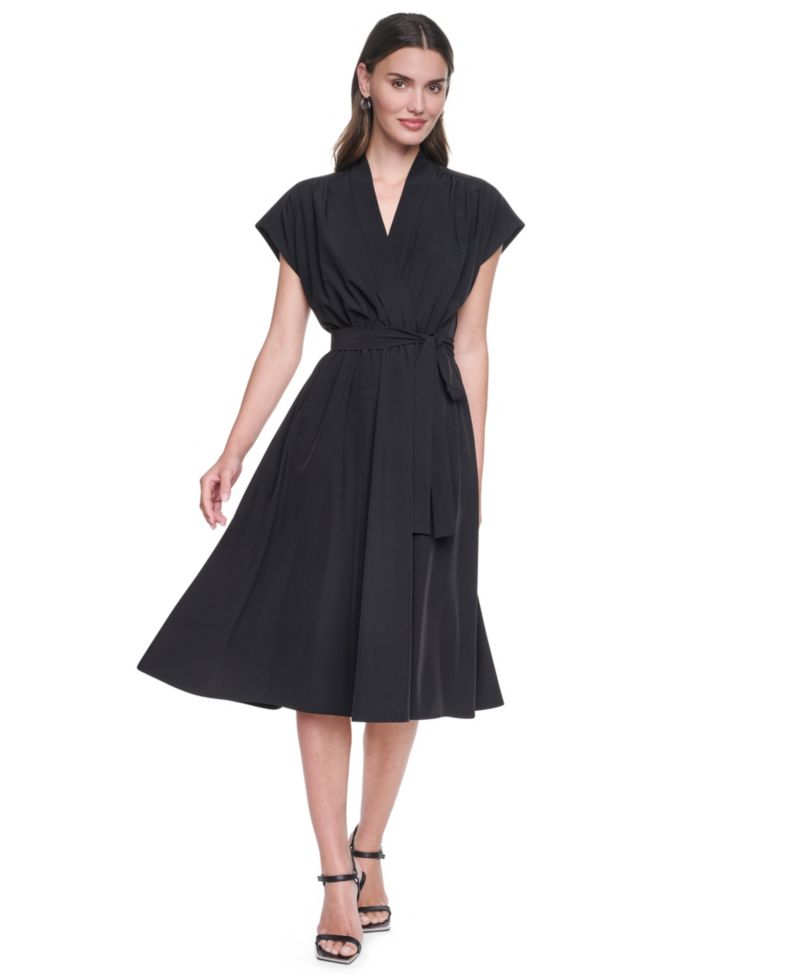 Women's Cap-Sleeve Wrap Midi Dress