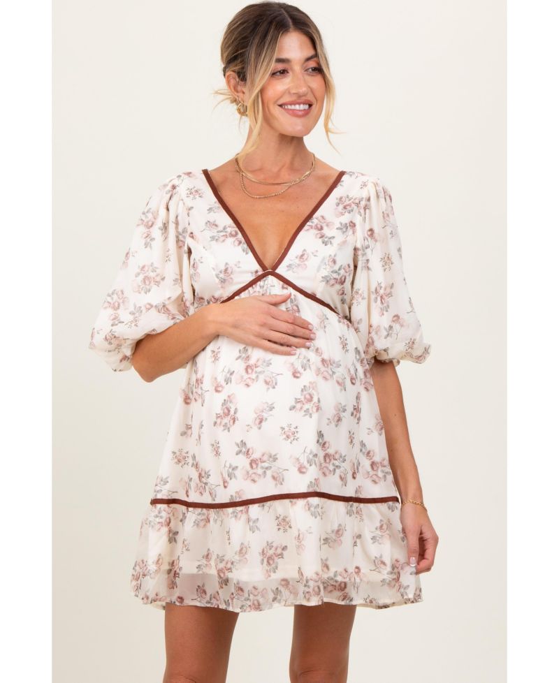 Women's Cream Floral Deep V-Neck Back Cutout Dress