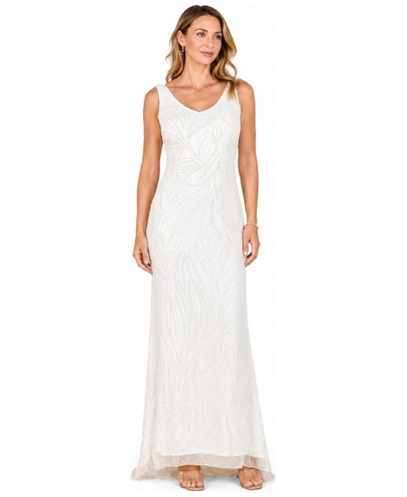 Women's Beaded Cowl-Back Draped Wedding Gown