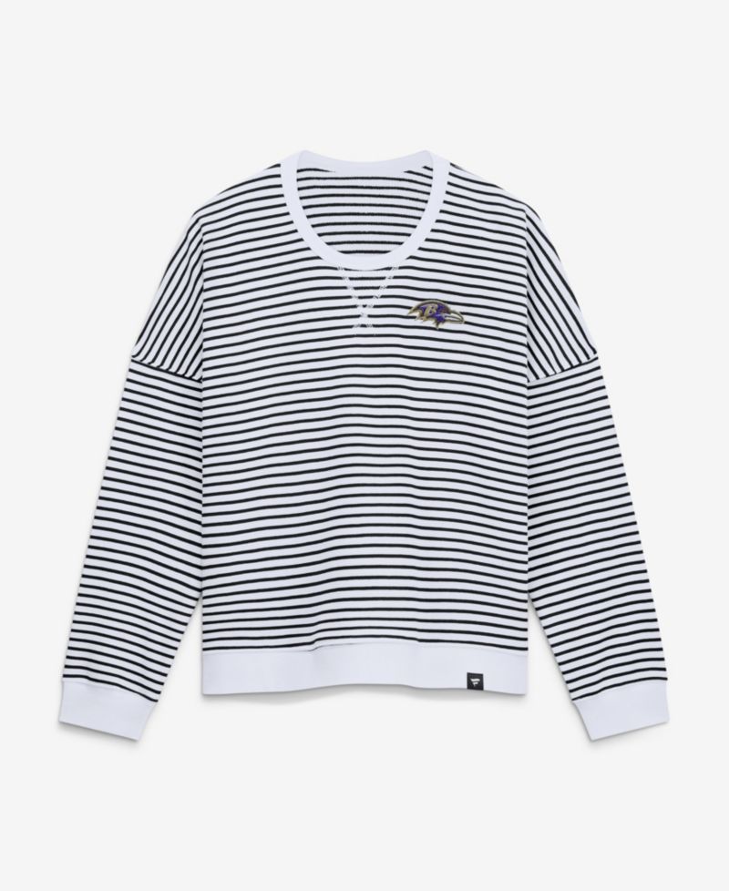 Women's White/Black Baltimore Ravens Striped Oversized French Terry Sweatshirt