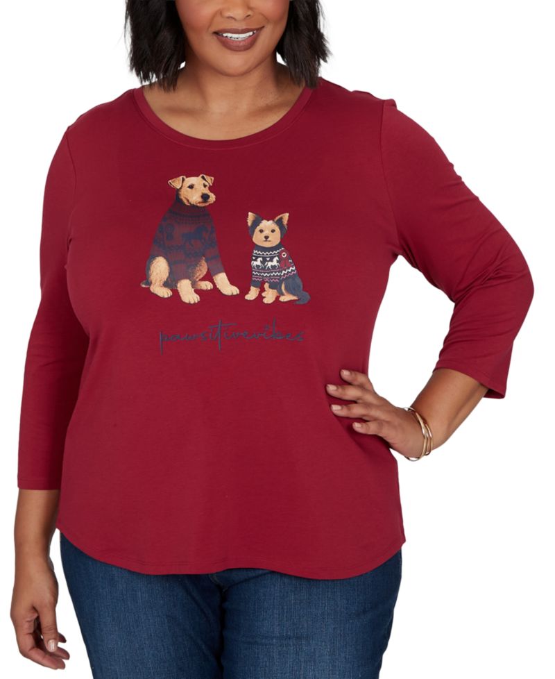 Plus Size Pawsitive Boat Neck 3/4-Sleeve Graphic T-Shirt
