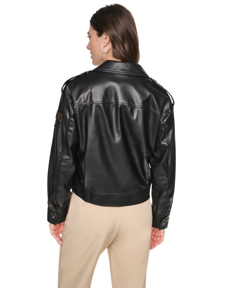 Women's Faux Leather Collared Zip-Front Jacket