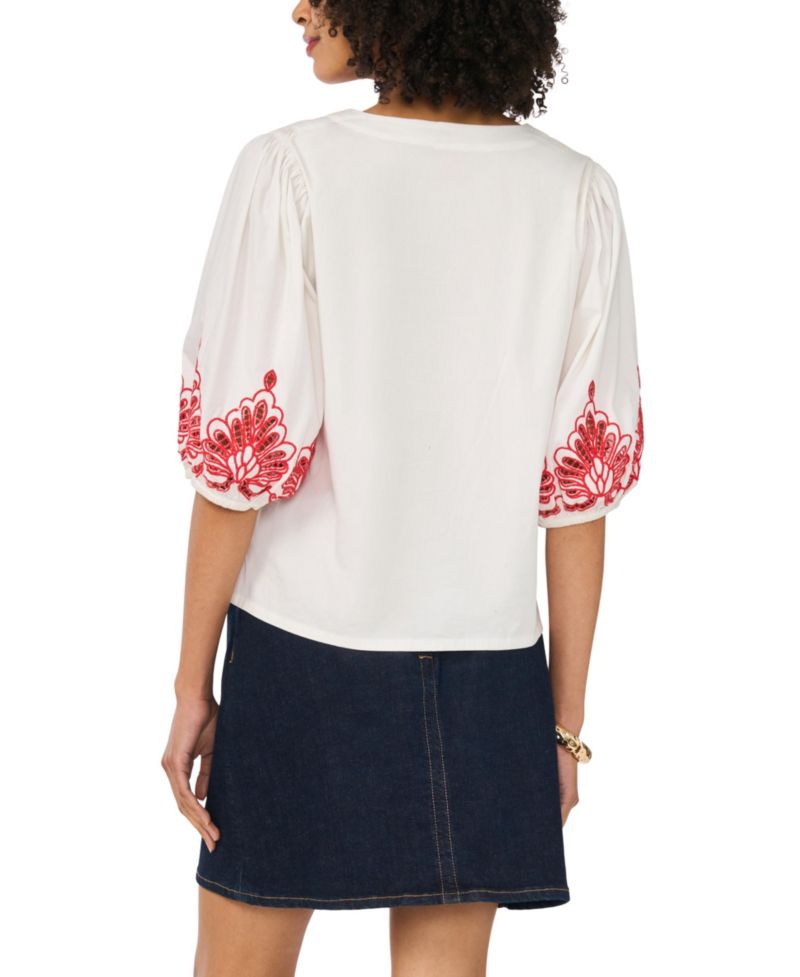 Women's Cotton Embroidery Hem V-Neck 3/4-Sleeve Button-Up Shirt