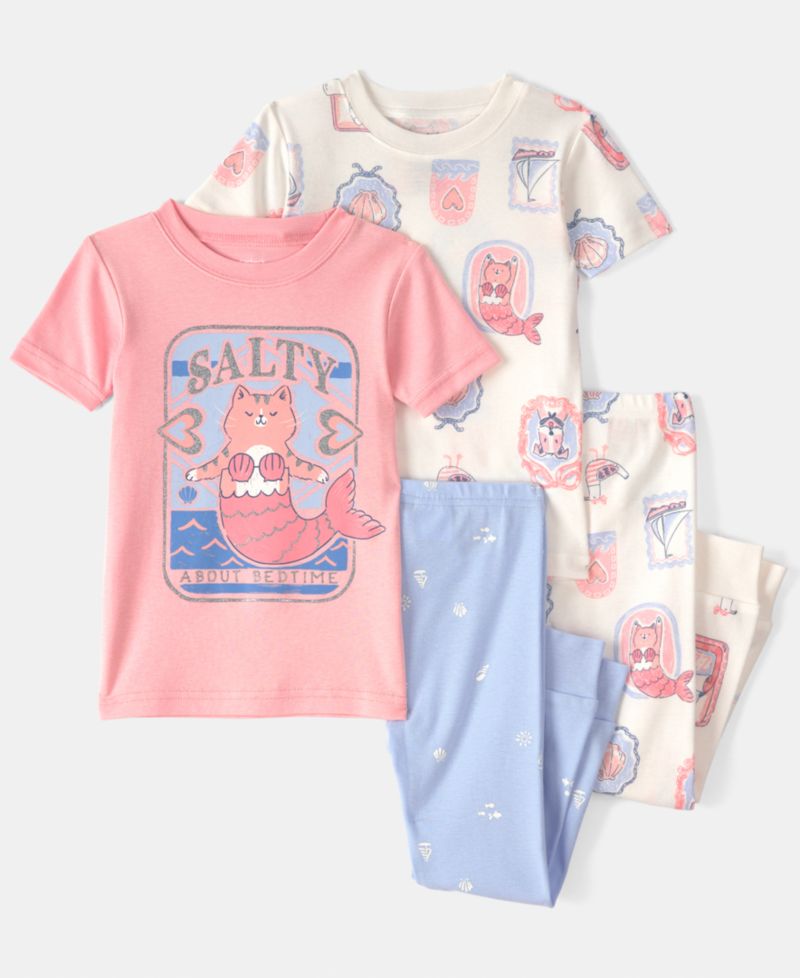 Girls' Baby and Toddler Mermaid Cat Print Top and Pajama Pants, 4-Piece Set