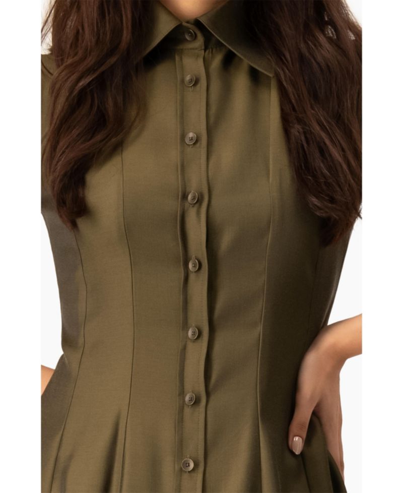Women's Short Sleeve Midi Dress with Button-Front Fit-and-Flare Shirtdres