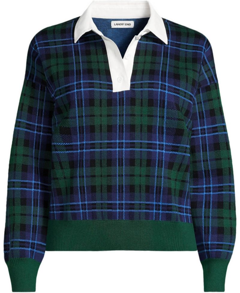 Plus Size Drifter Collared Shaker-Knit Plaid Sweater