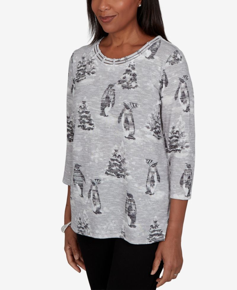 Petite Classic Penguins and Trees 3/4-Sleeve Holiday Knit Top