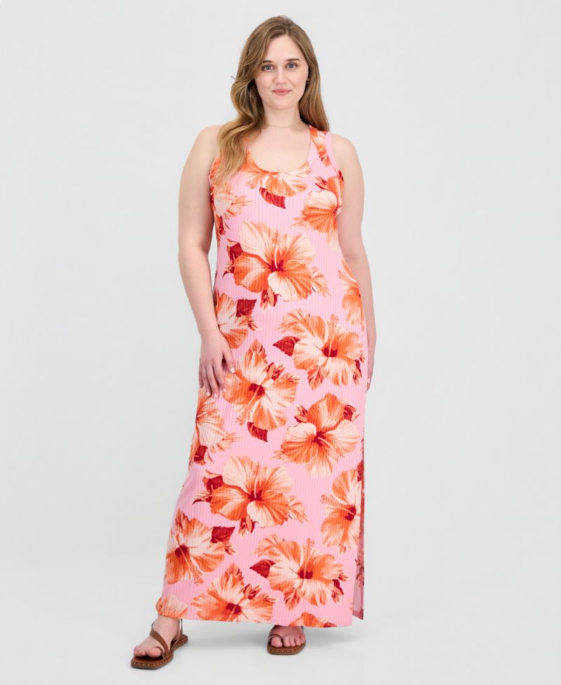 Trendy Plus Size Printed Ribbed Knit Sleeveless Maxi Dress