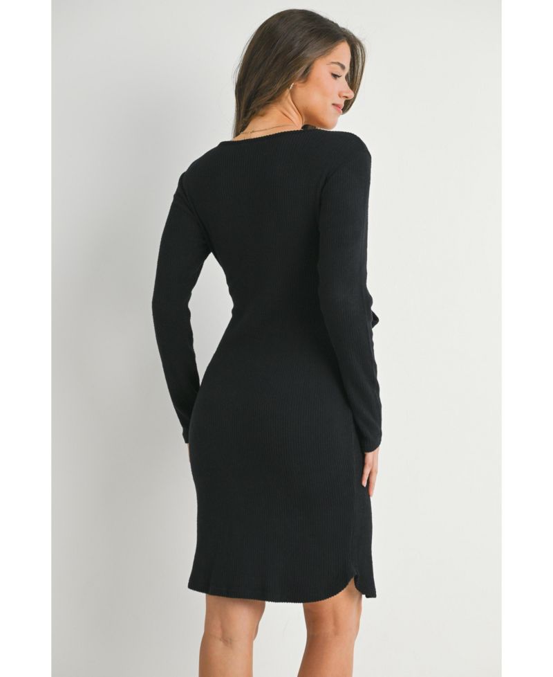 Women's Ribbed Knit Tie-Front V Neck Dress