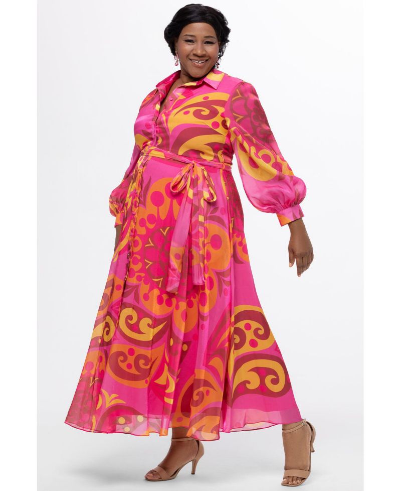 Women's Long Sleeve Abstract Button Down Dress