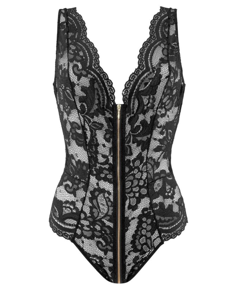 Women's Plunge Zipper Detail Lace Lingerie Teddy