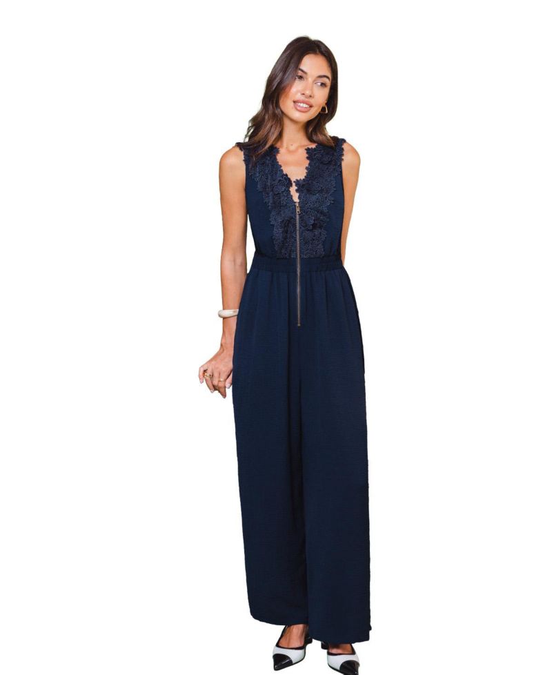 Women's Compliment Blue V-Neck Front Zipper Wide-Leg Jumpsuit