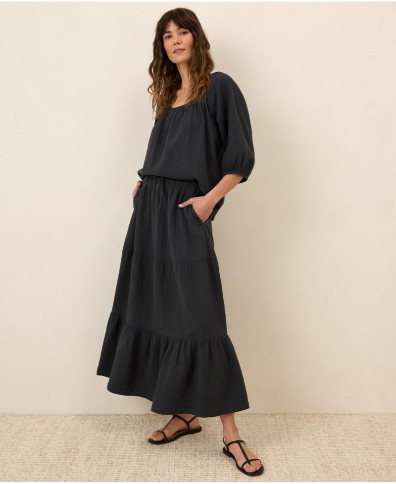Women's Organic Cotton Coastal Double Gauze Tiered Maxi Skirt