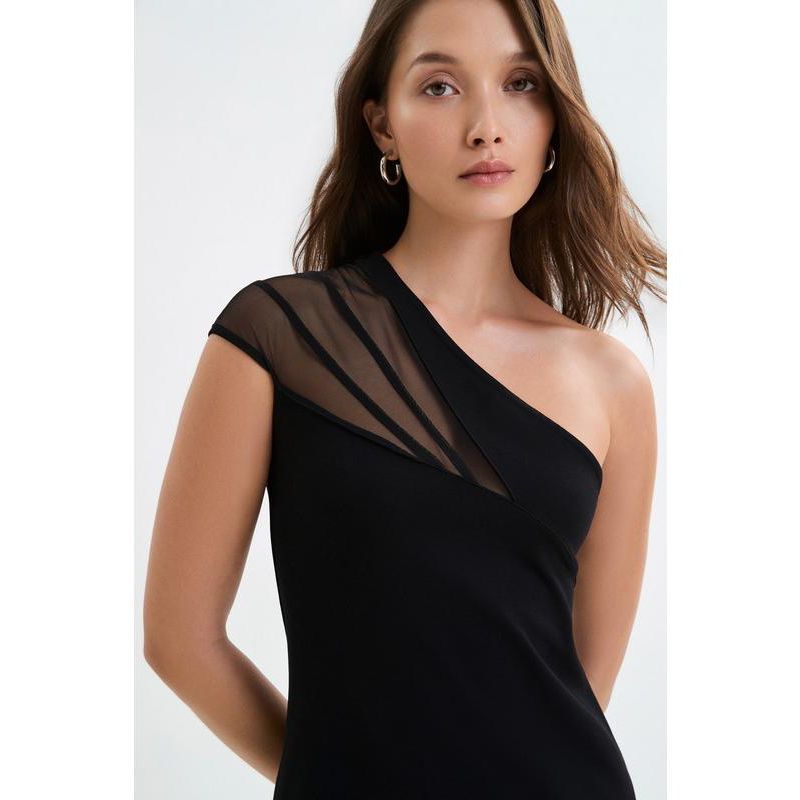 Women's Kiran Fitted One-Shoulder Mesh Asymmetric Midi Dress