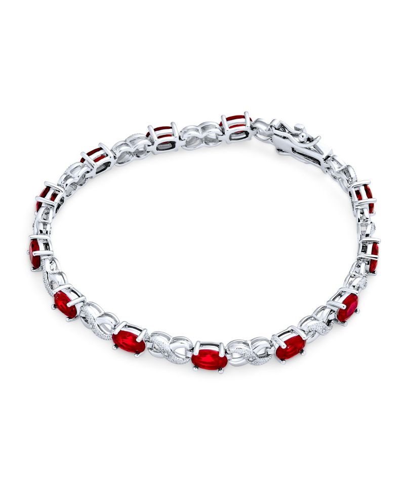Birthstone Dark Pink Color CZ Oval Infinity Tennis Bracelet Silver Plated